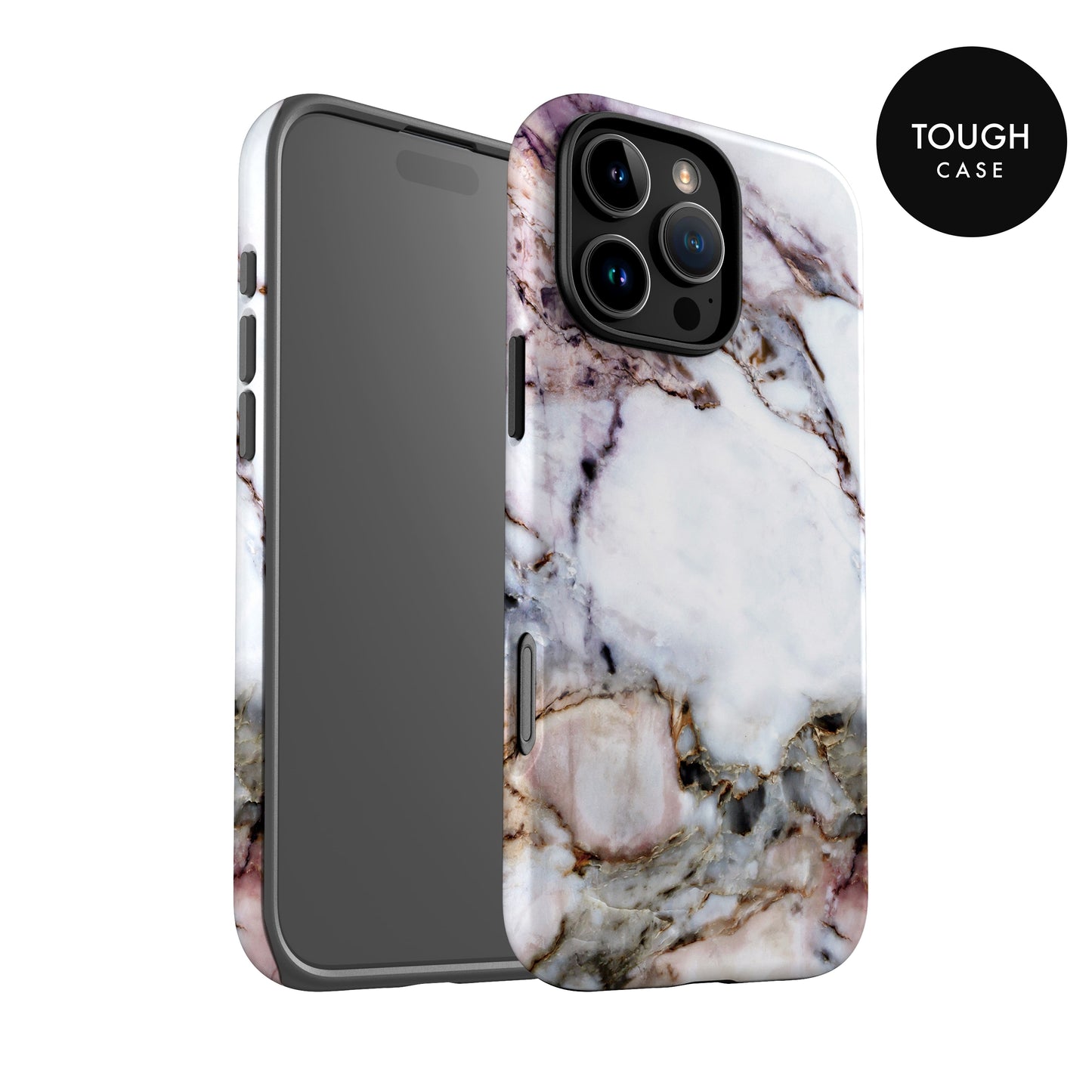 a marble-patterned phone case with a black and white color scheme.