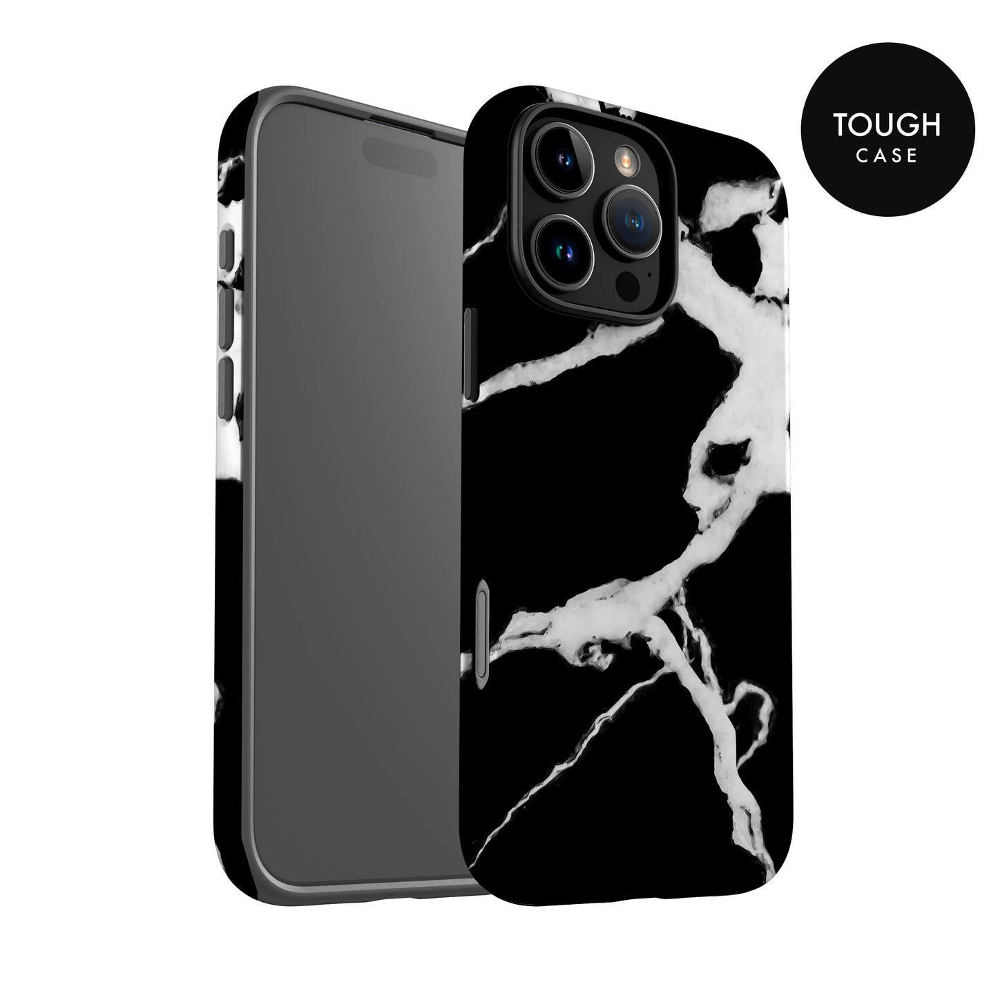 a black and white marble-patterned case for an iPhone, with the case facing the camera.