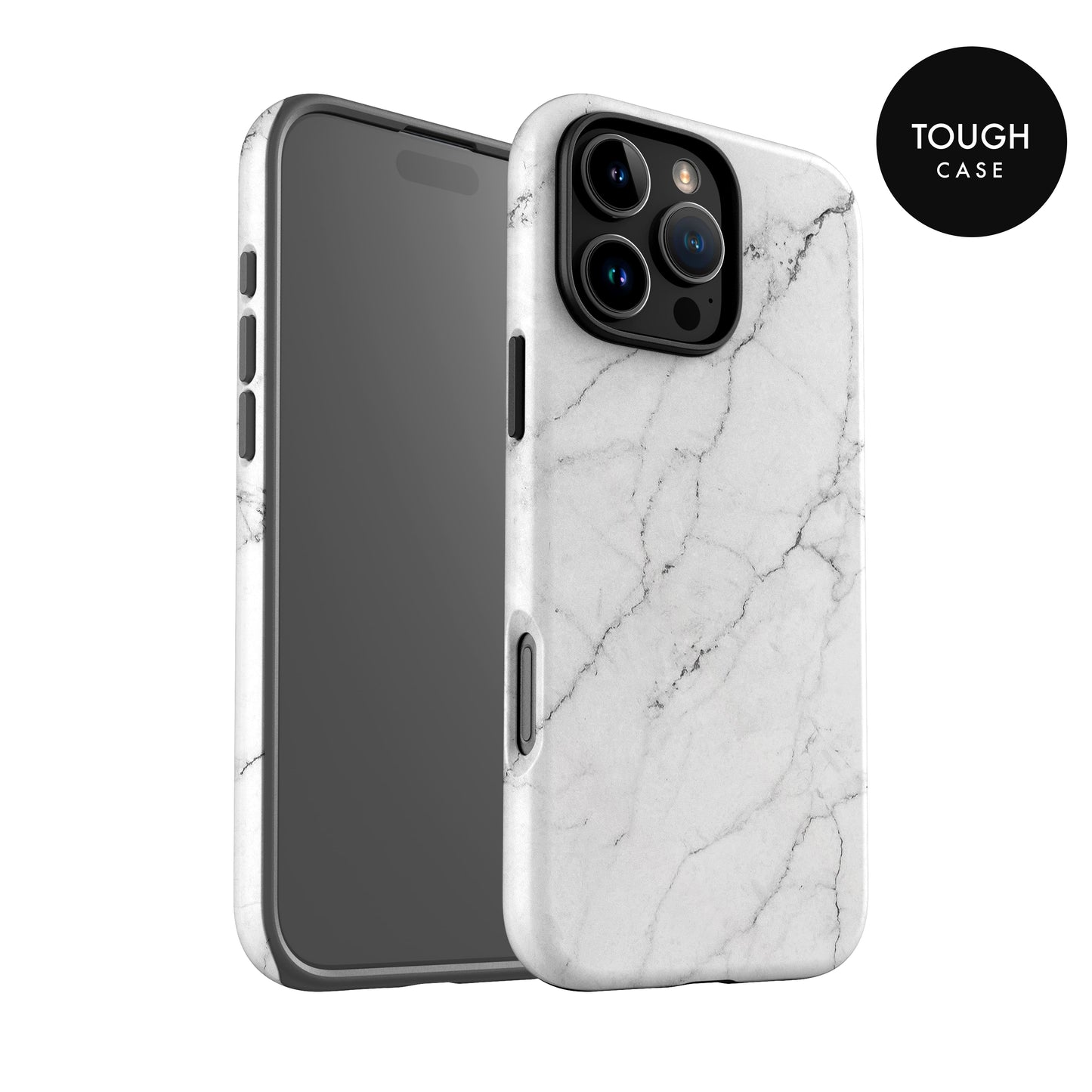 a white marble-patterned case for an iPhone, with a black back cover.