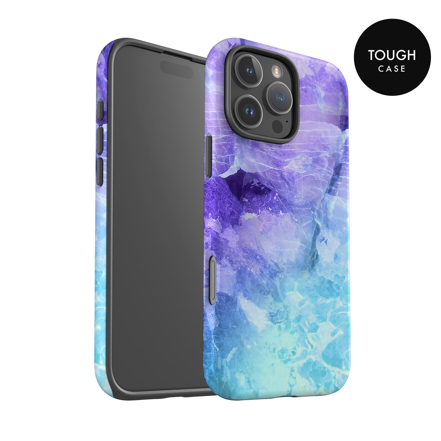 a colorful phone case with a marble-like pattern in shades of blue and purple.