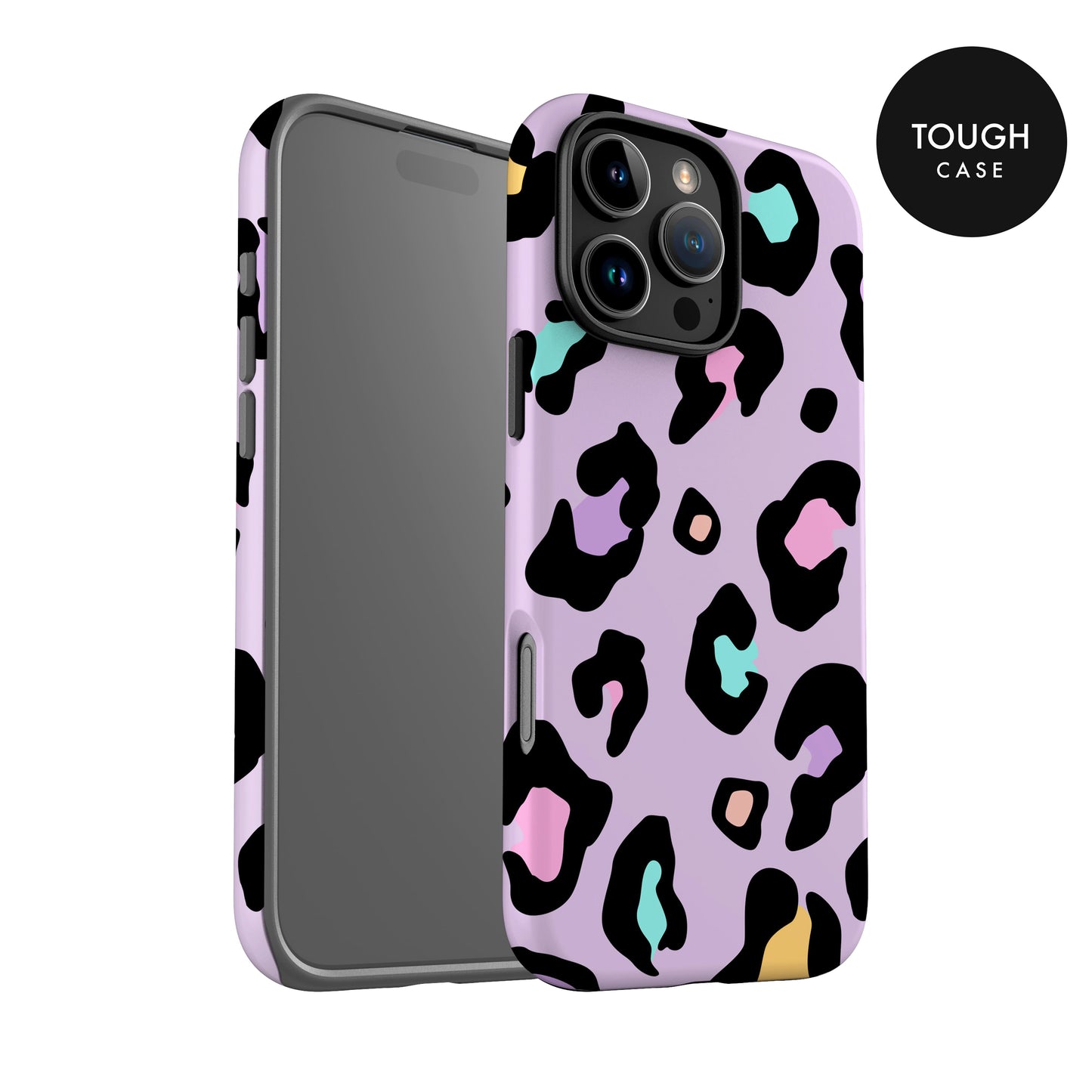 a phone case with a leopard print pattern in shades of purple and black.