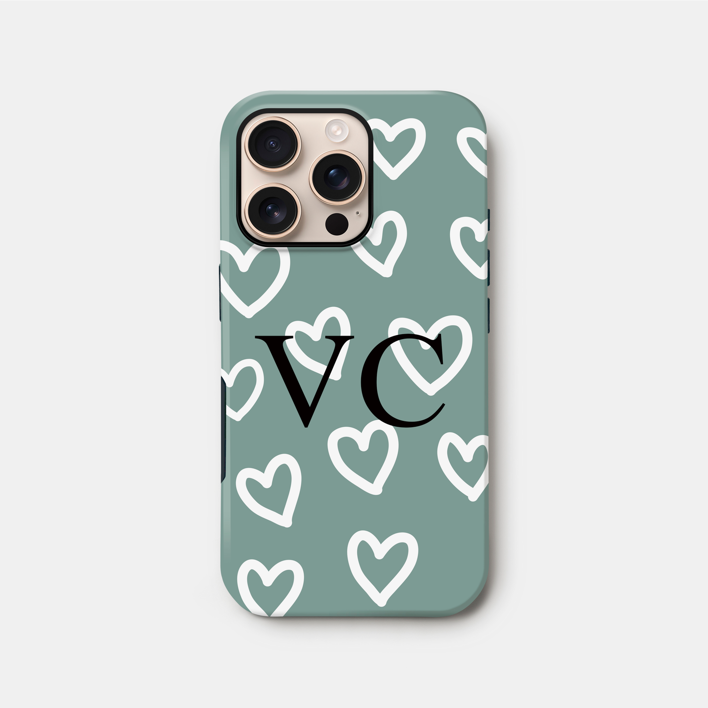 Teal Love Heart Pattern Custom Initials Case iPhone 16 Phone Case