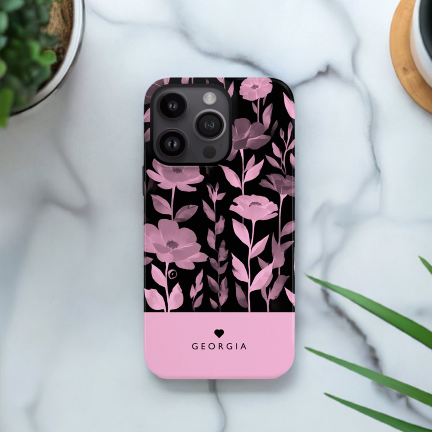 Personalised Black Pink Floral Print Case Phone Case