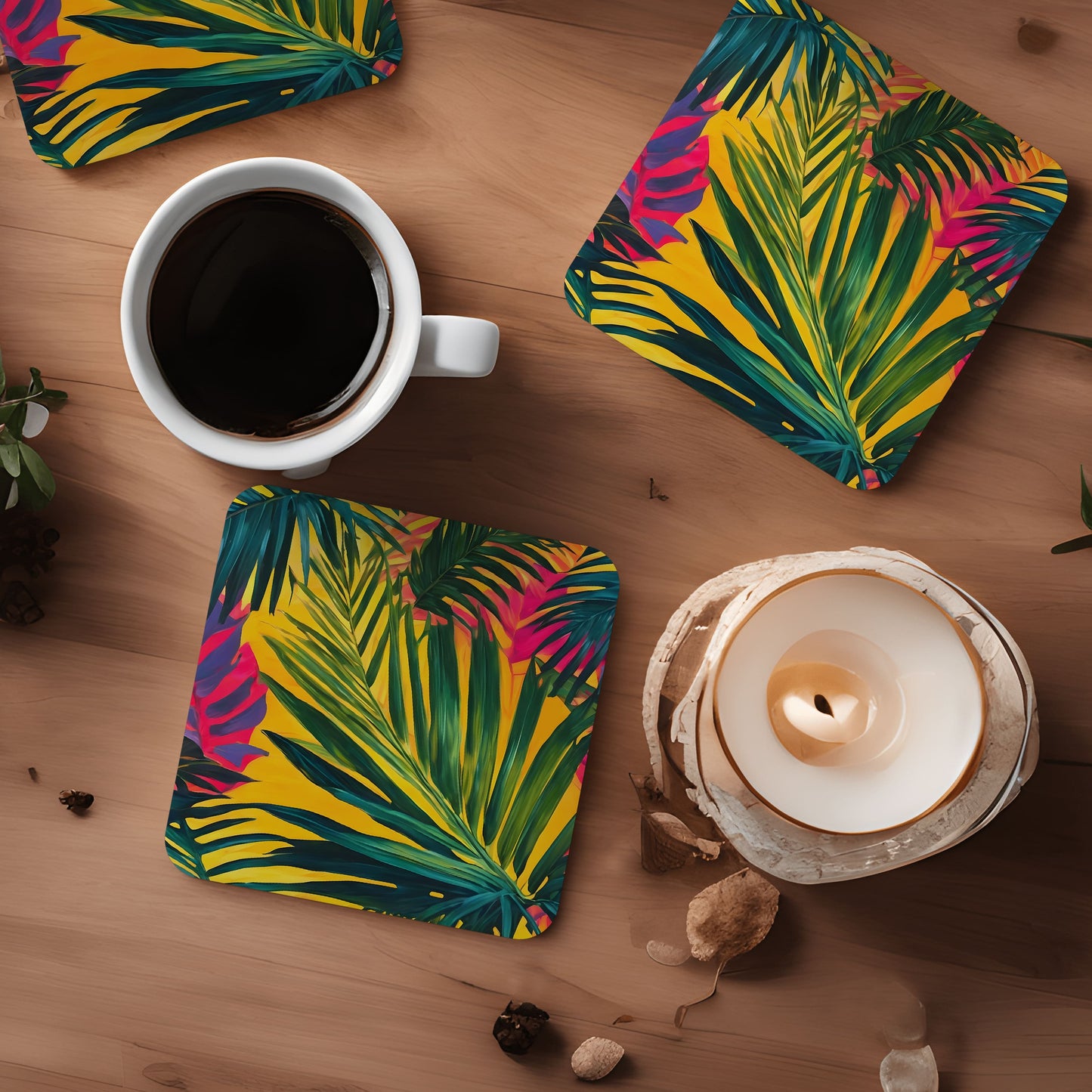 Tropical Palm Leaf Print Coaster Set  Coaster