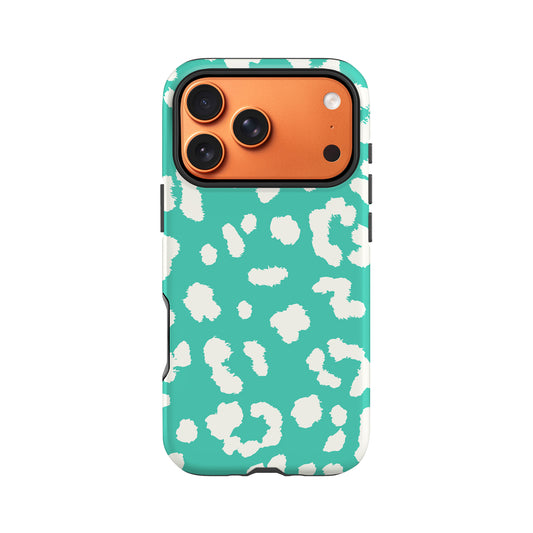 a phone case with a leopard print pattern in turquoise and white colors.