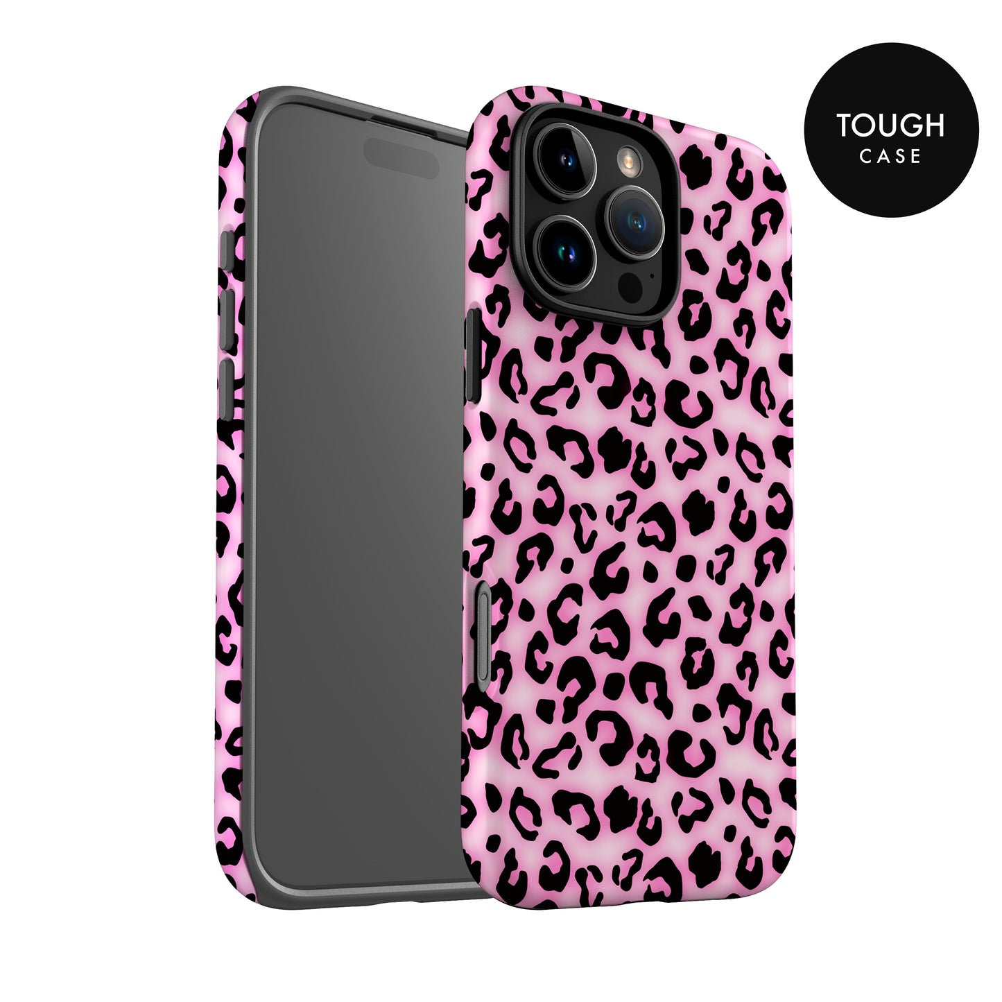 a pink and black leopard print case for an iPhone.