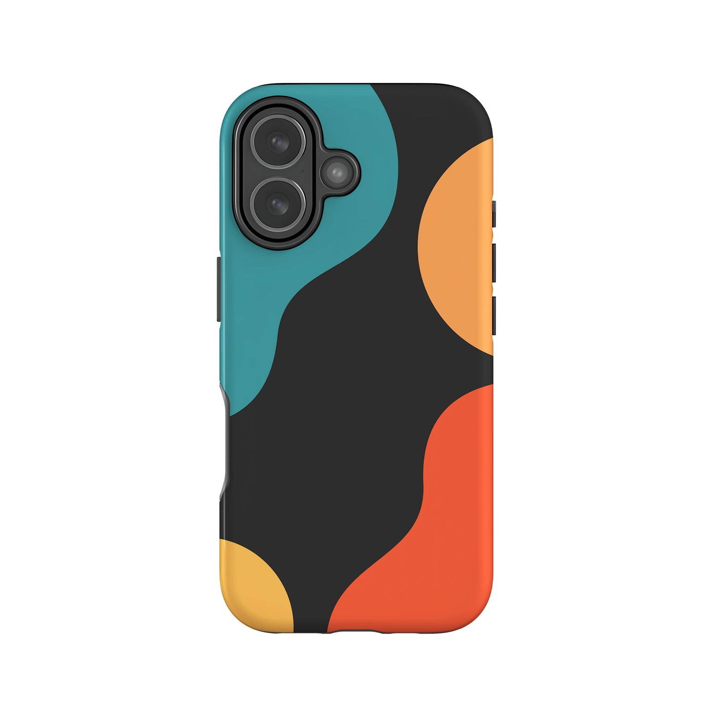 a colorful phone case with a geometric pattern of circles in various colors, including black, blue, orange, and yellow.