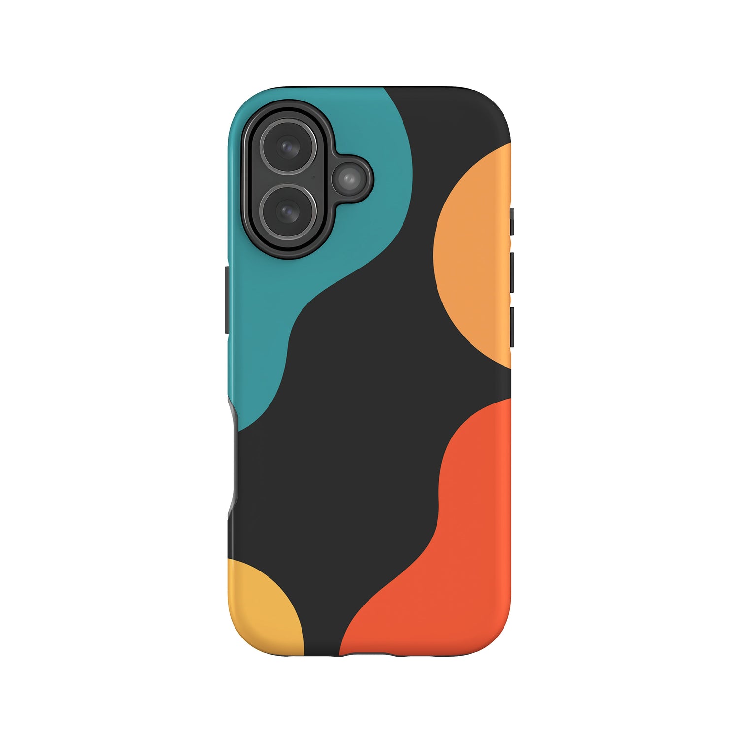 a colorful phone case with a geometric pattern of circles in various colors, including black, blue, orange, and yellow.