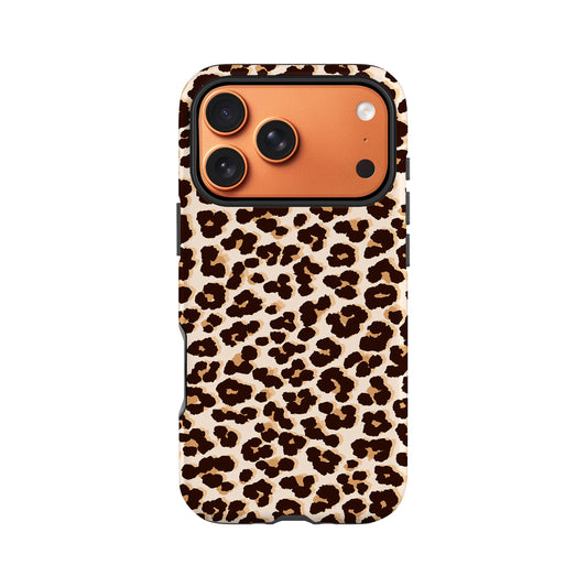 a leopard print phone case with a camera lens design.
