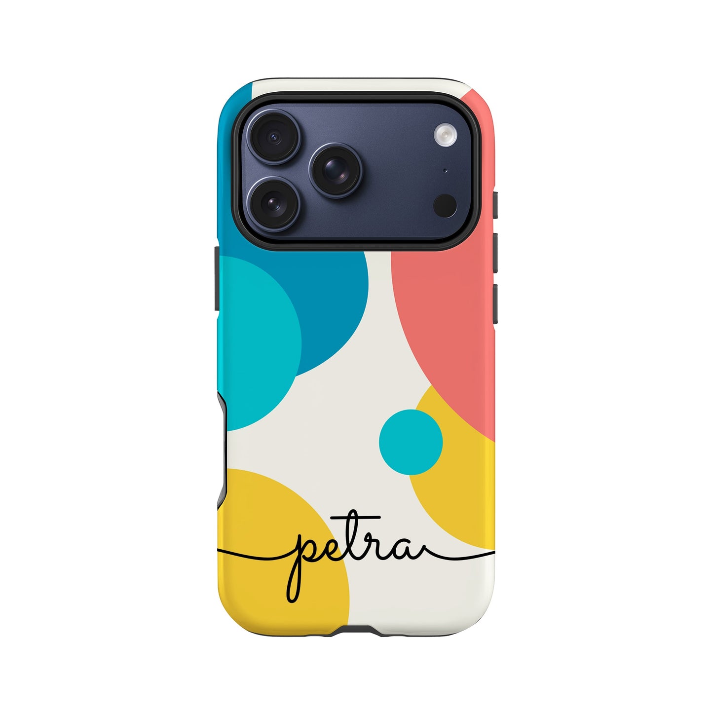a colorful phone case with a unique design, including various colored circles and the word "petra" written on it.