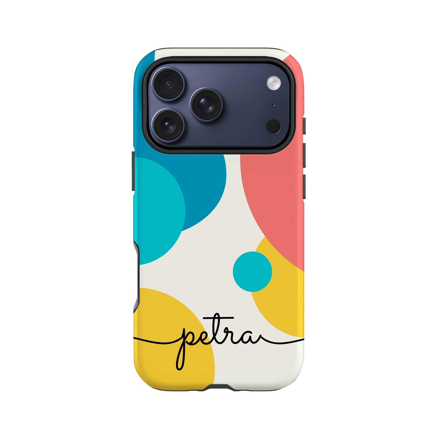 a colorful phone case with a unique design, including various colored circles and the word "petra" written on it.