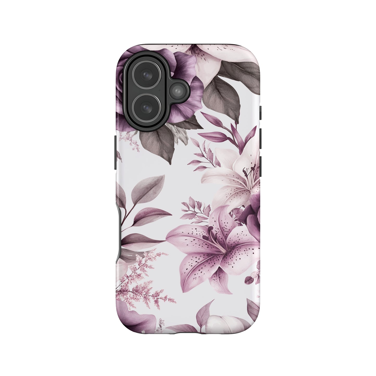 a phone case with a floral pattern, including various shades of purple and pink flowers, leaves, and other natural elements.