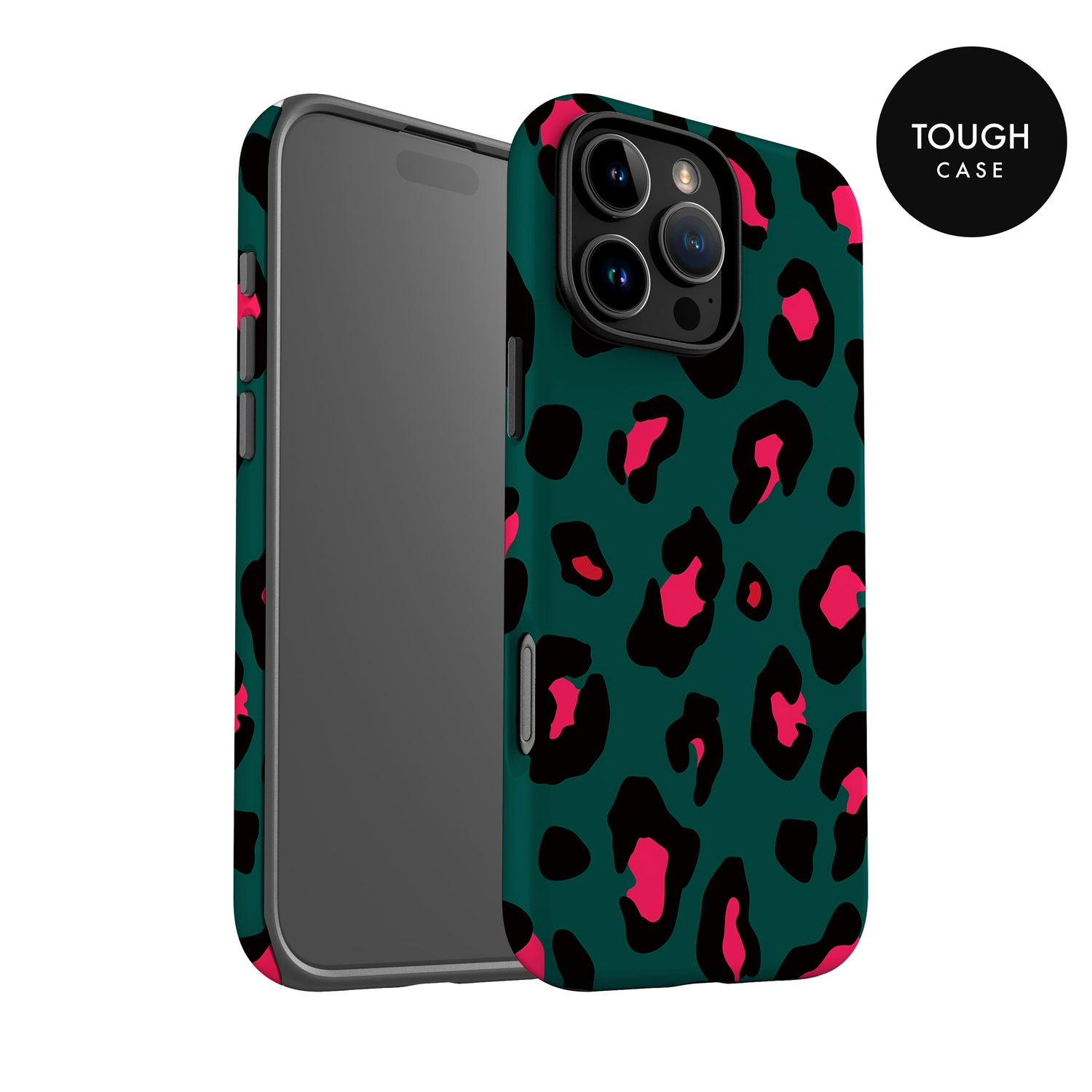 a phone case with a leopard print design in shades of green and pink.