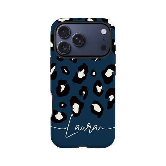 Dark Blue Custom Name Leopard Print Pattern Phone Case iPhone 17 Pro Phone Case
