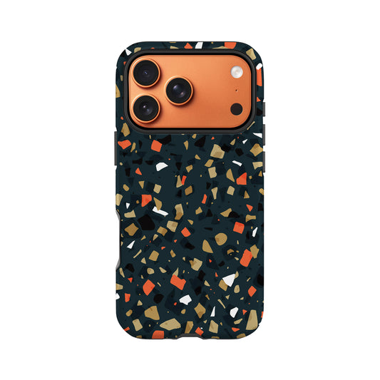 a phone case with a black and orange color scheme, and it appears to be a 3D rendering of a phone case design.