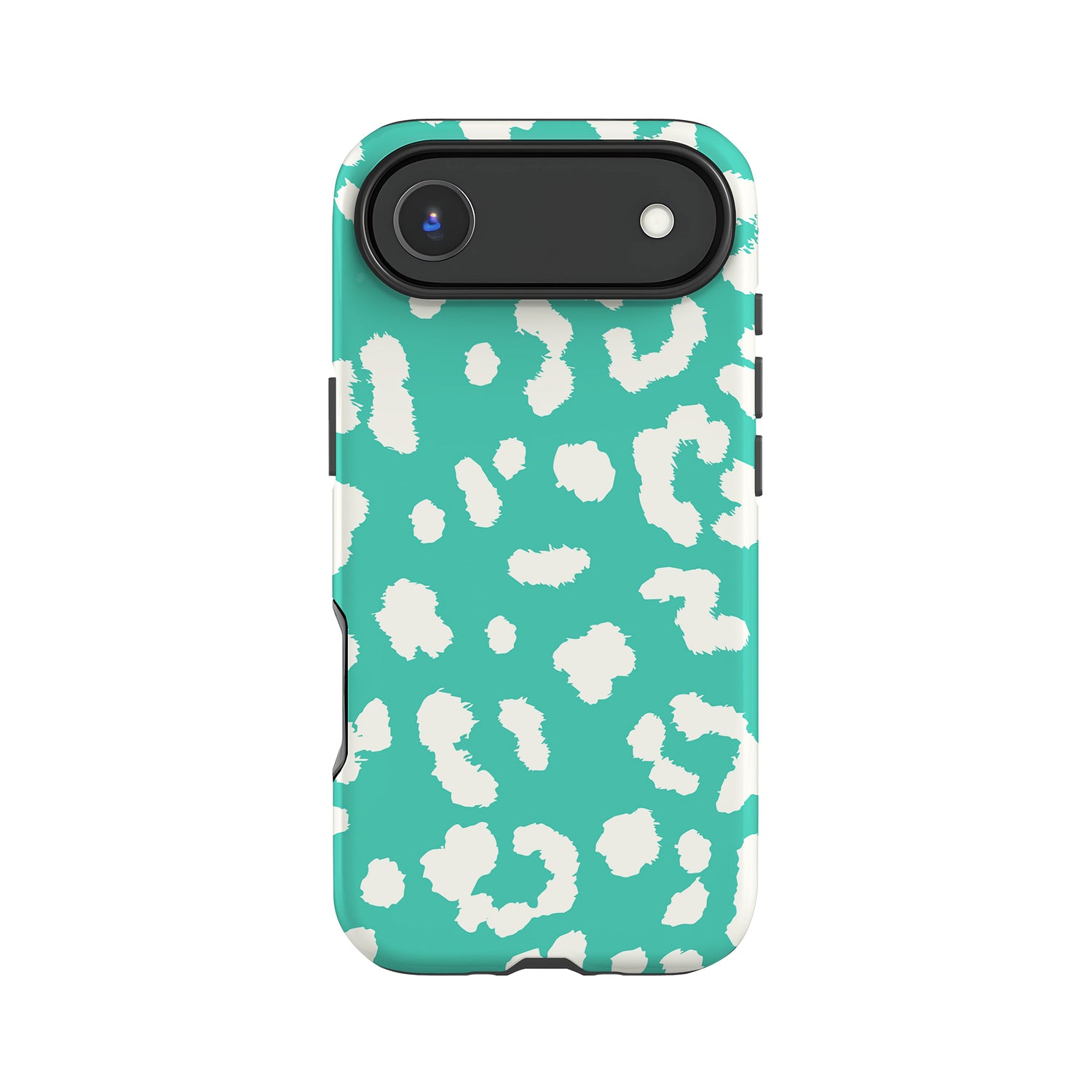 A turquoise and white leopard print phone case with a camera lens attached to the top.