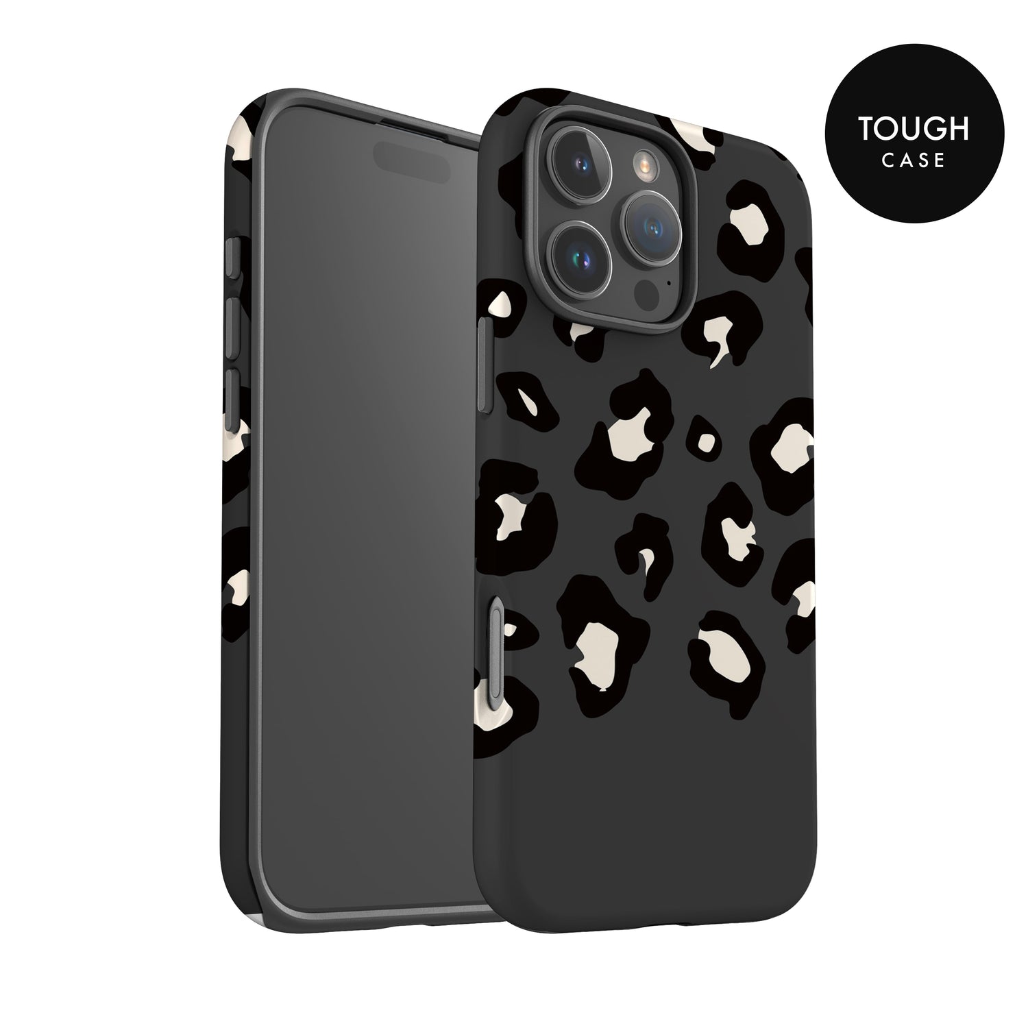 a black and white leopard print case for an iPhone, with the case design prominently displayed.