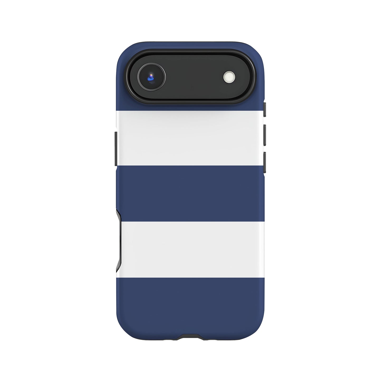 A blue and white striped phone case with a camera lens attached to the top.