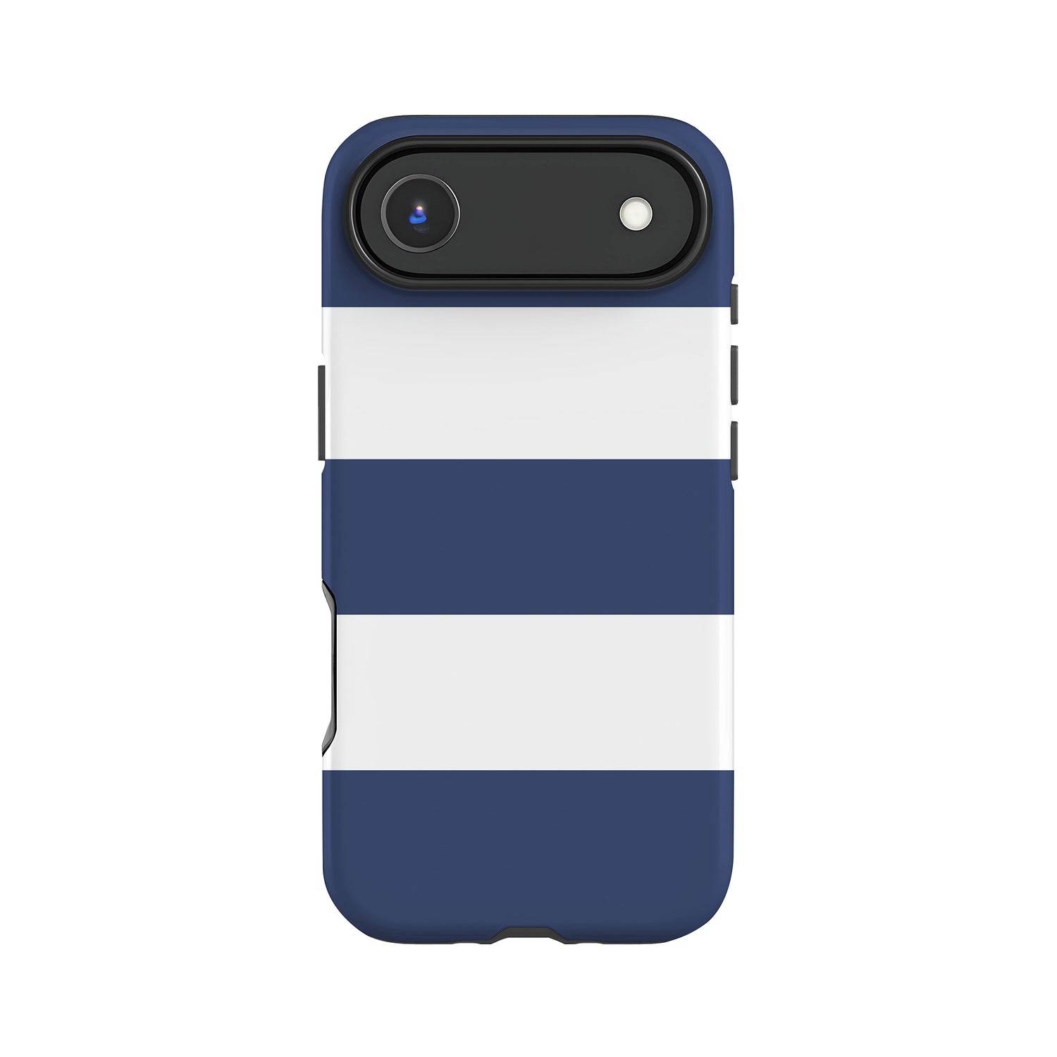A blue and white striped phone case with a camera lens attached to the top.