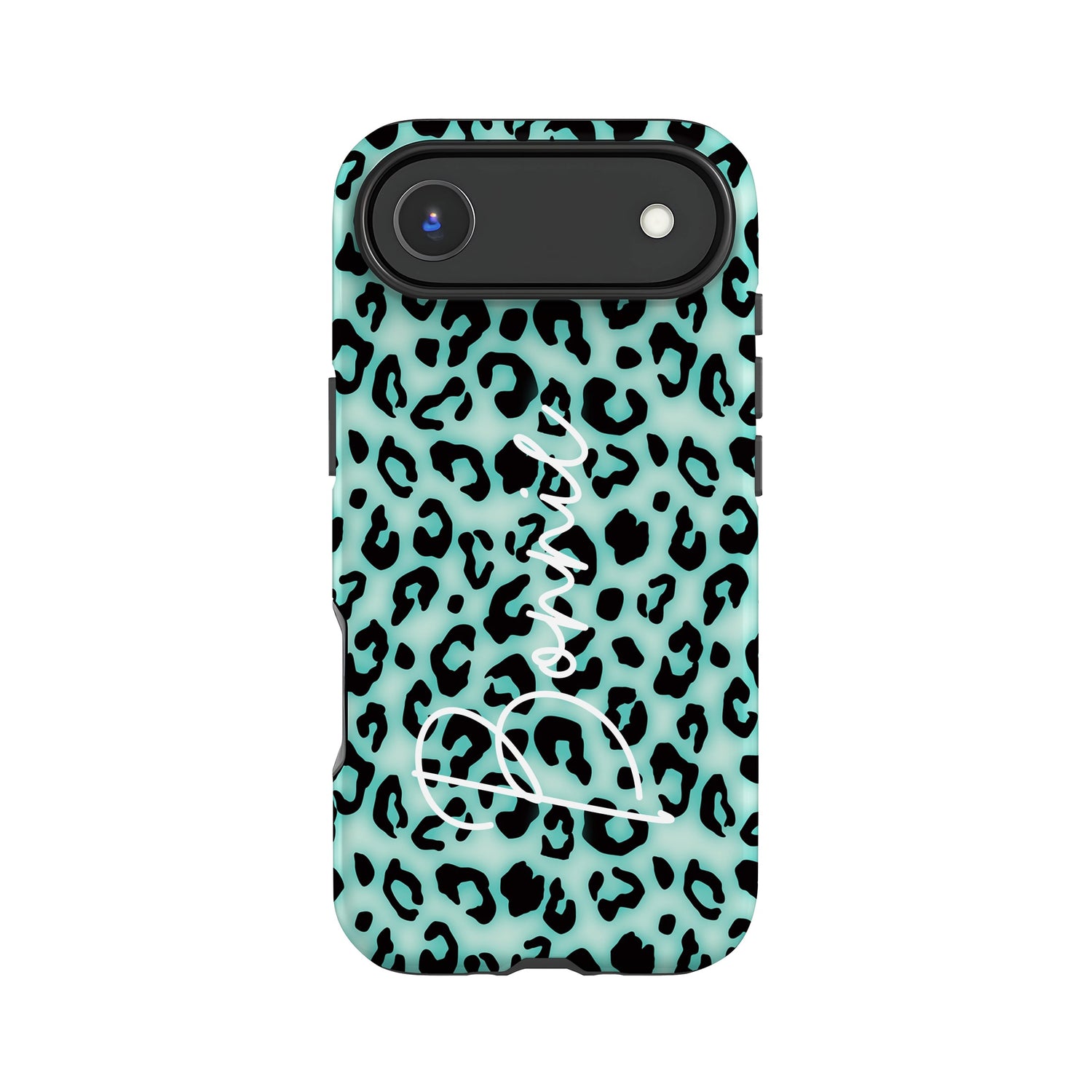 A turquoise and black leopard print case with a camera lens attached to the top.