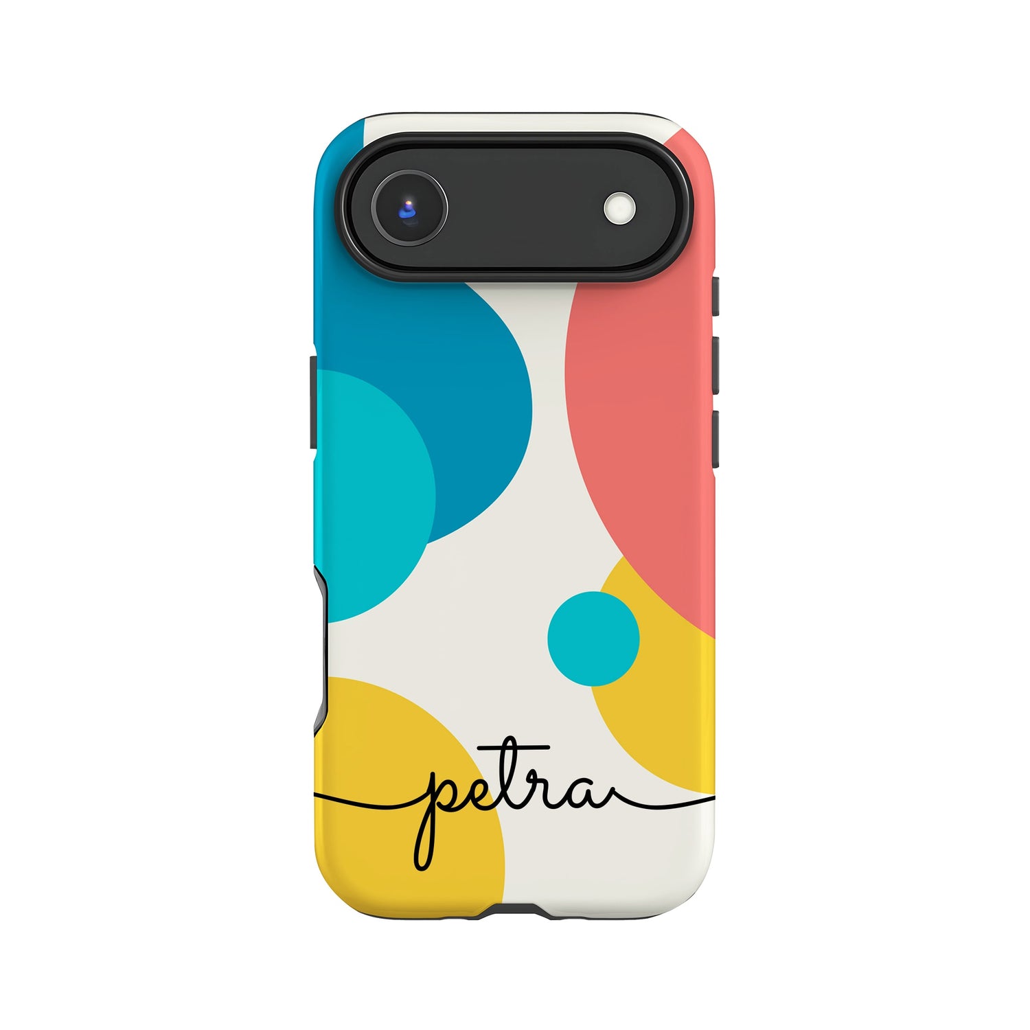 a colorful phone case with a camera lens and the word "Pelra" written on it.