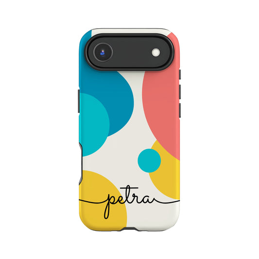 a colorful phone case with a camera lens and the word "Pelra" written on it.