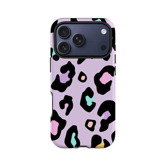 A phone case with a leopard print pattern in various colors, including pink, purple, and green.