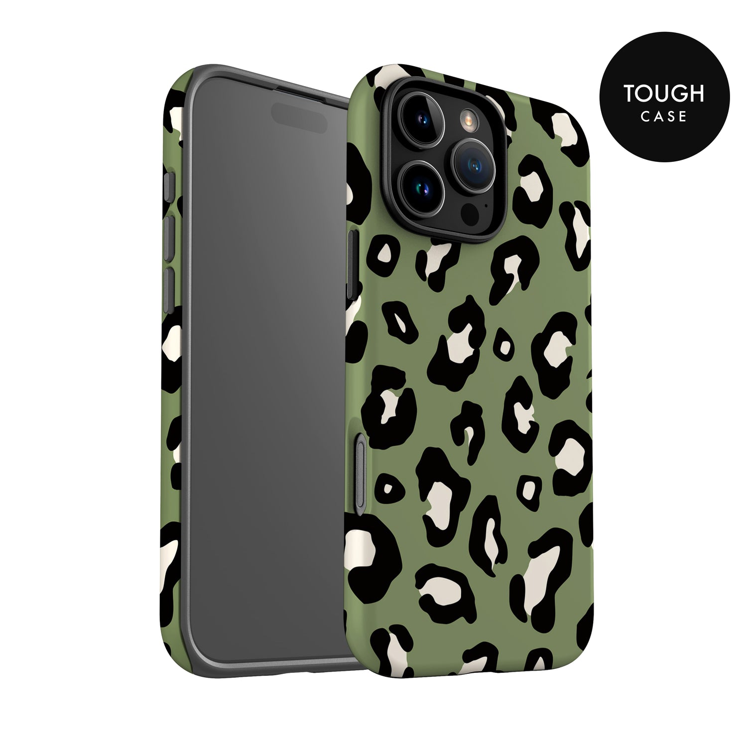 a green and black leopard print case for an iPhone, with the case facing the camera.
