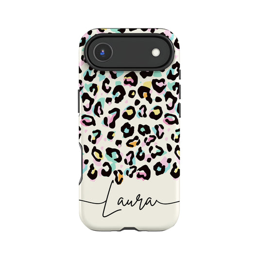 a phone case with a leopard print design and the name "Lauren" written on it.