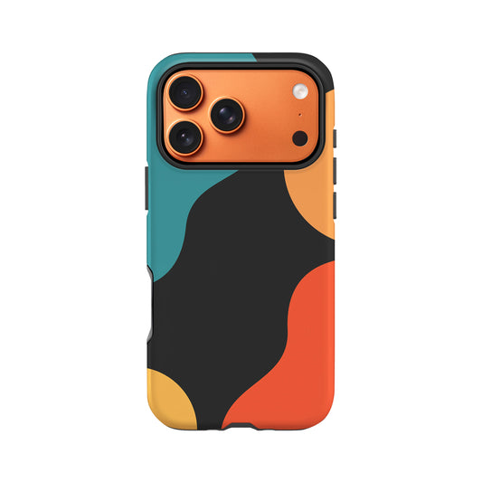 a colorful phone case with a pattern of orange, black, and yellow shapes.