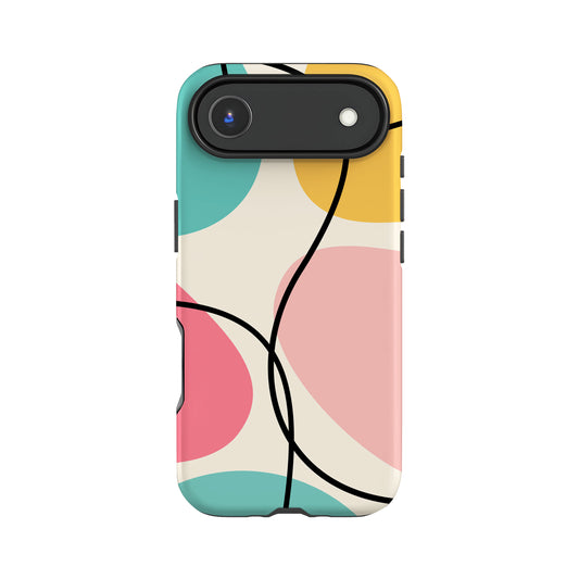 a colorful abstract design on a phone case, with various shapes and colors such as pink, yellow, green, and blue.
