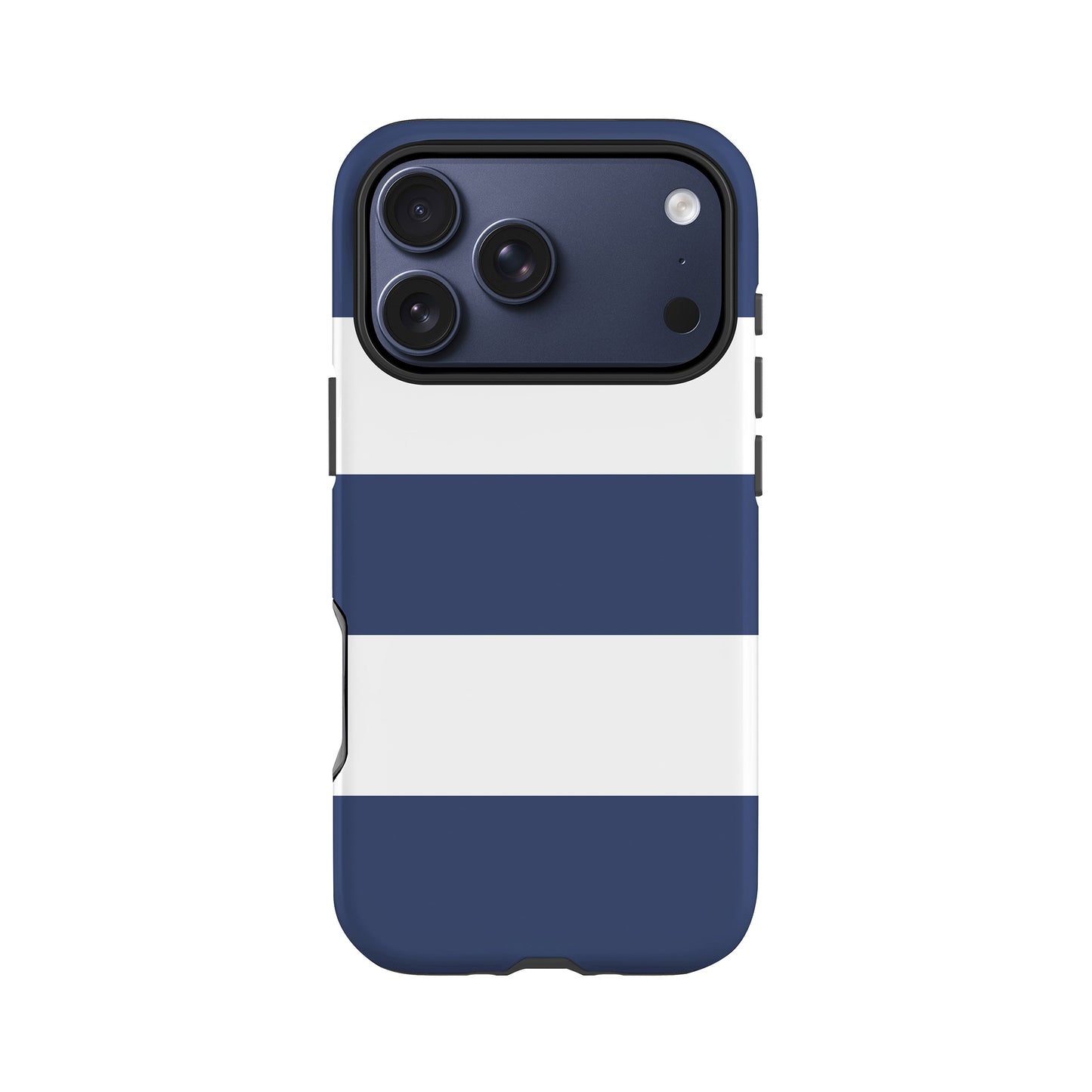 A blue and white striped phone case with a camera lens on the back.