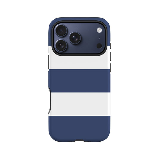 A blue and white striped phone case with a camera lens on the back.