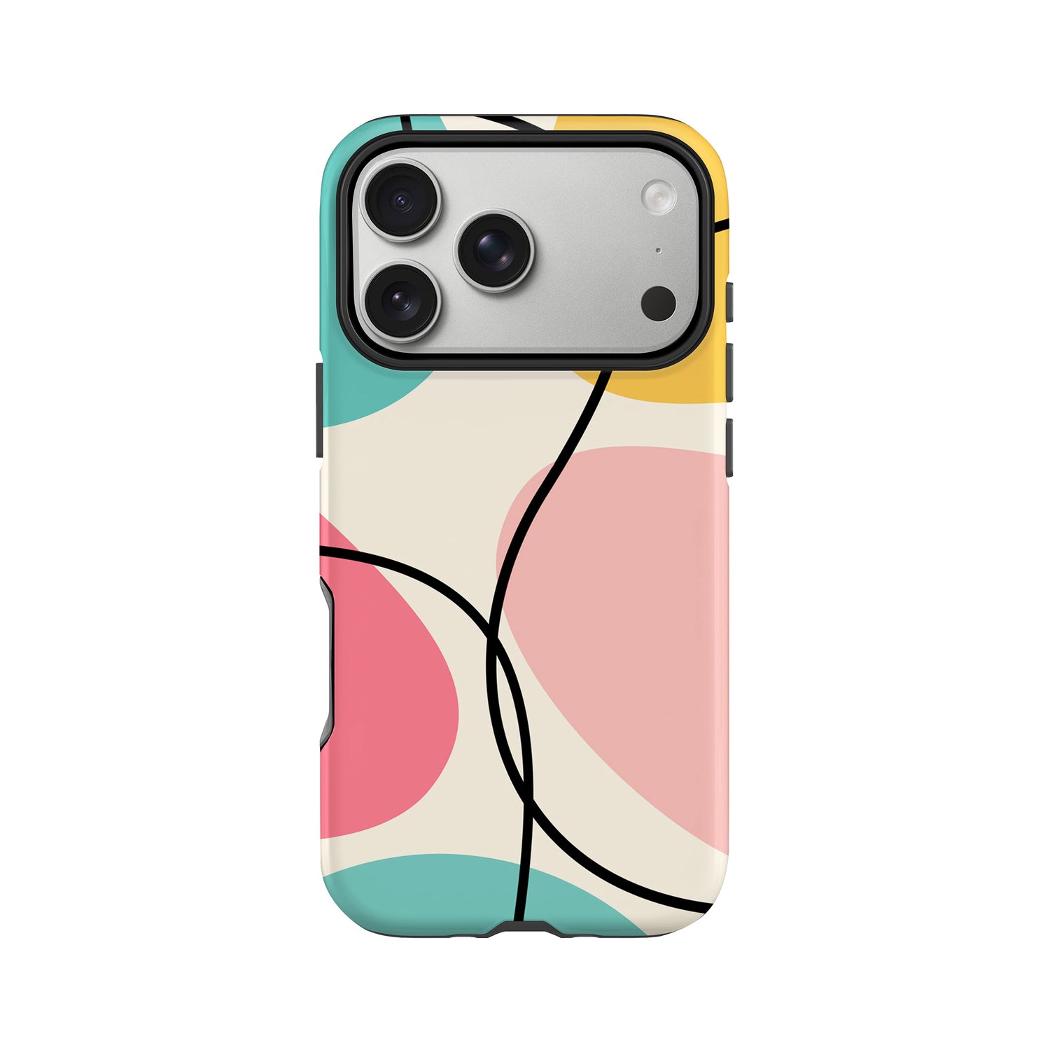 a colorful abstract design on a phone case, with a mix of pink, blue, green, and yellow shapes.