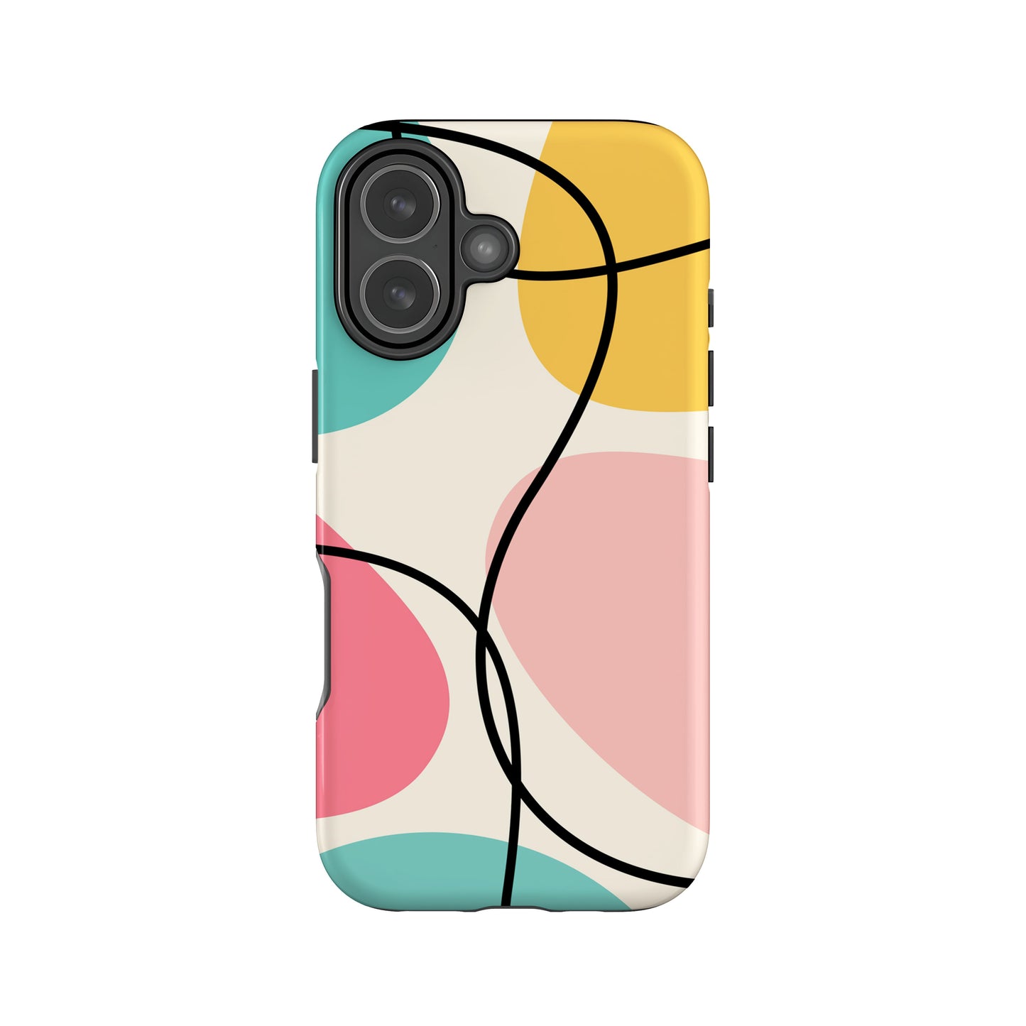 a colorful abstract design on a phone case, with various shapes and colors such as yellow, pink, and teal.