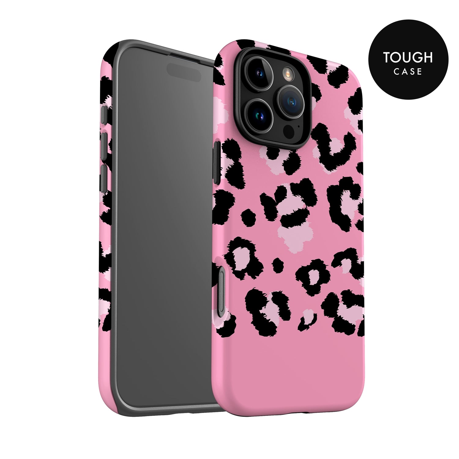a pink phone case with a leopard print pattern.