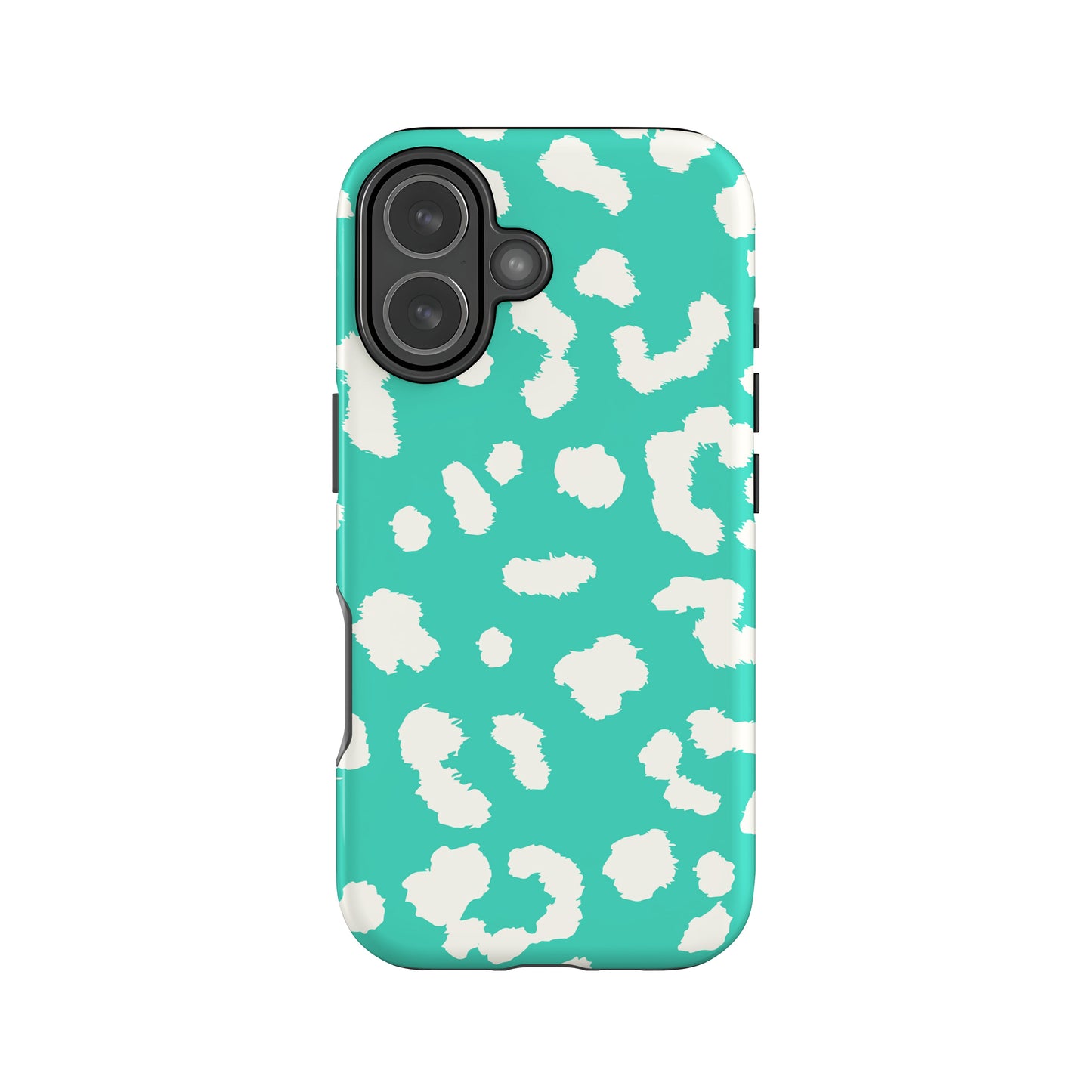 a turquoise case with a leopard print pattern.