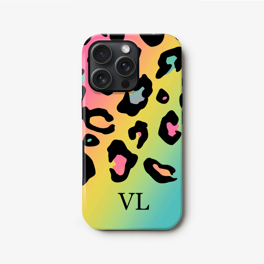 Leopard Print Rainbow Initials Phone Case iPhone 16 Phone Case