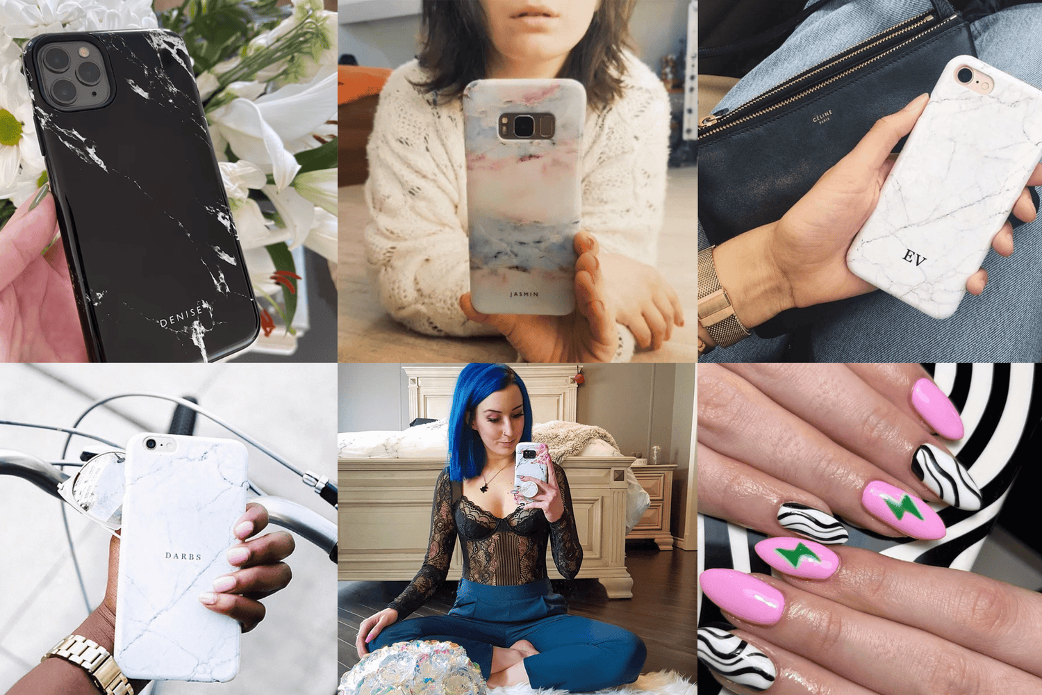 6 photos of customers showing their phone cases from Instagram
