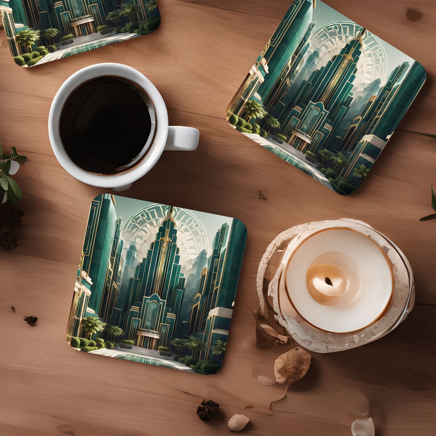 Green Art Deco City 4 x Coaster Set  Coaster