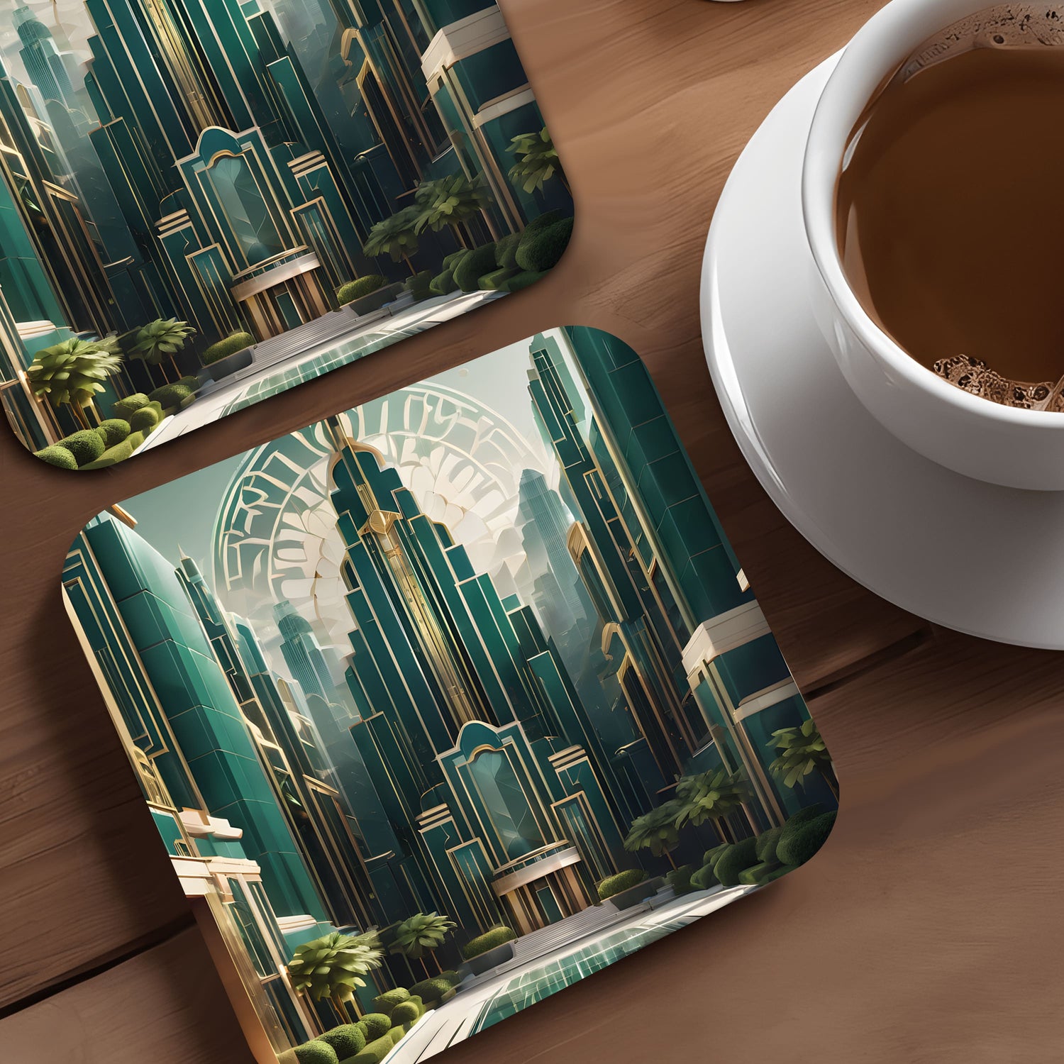 Green Art Deco City 4 x Coaster Set  Coaster