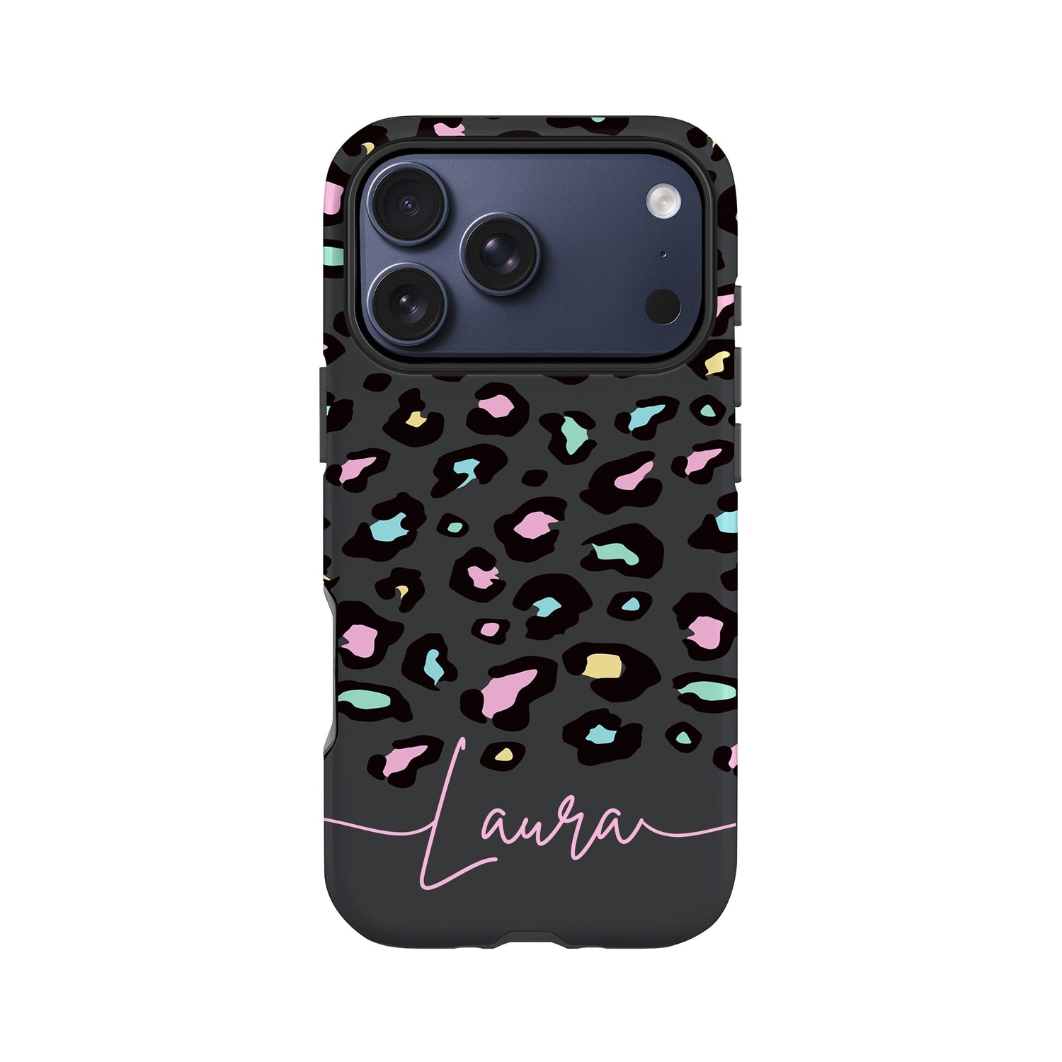 a phone case with a leopard print design and the name "Lauren" written on it.