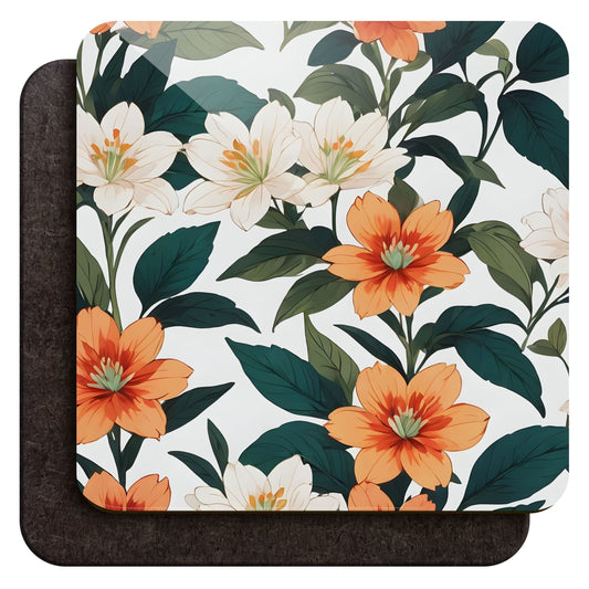 Asian Floral Print Coaster Set Orange and Green Coaster