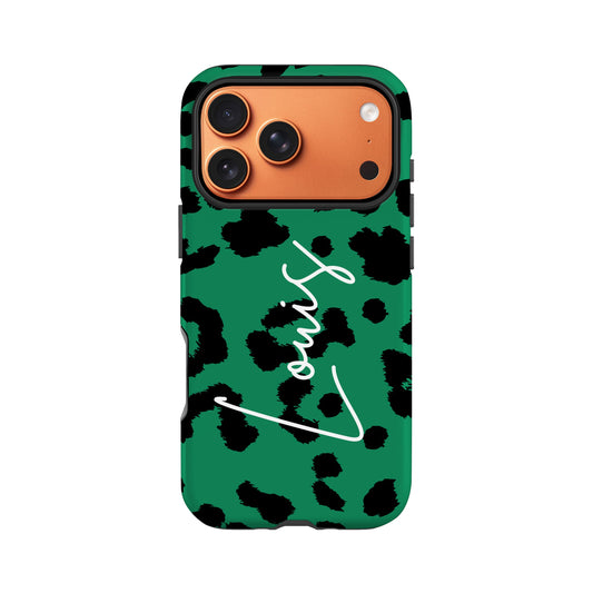 A green and black leopard print case with the word "LOUIS" written in white cursive text.