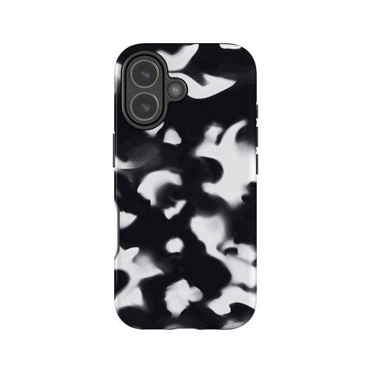 a black and white camouflage pattern on a phone case.
