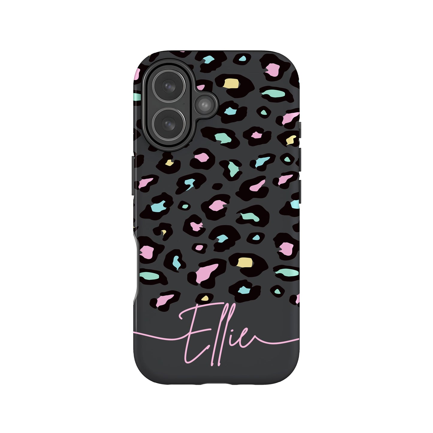 A phone case with a leopard print pattern and the name "Ellie" written in cursive on the bottom.