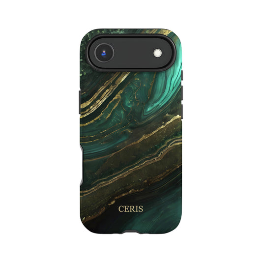 a phone case with a marble-like design in shades of green and gold.