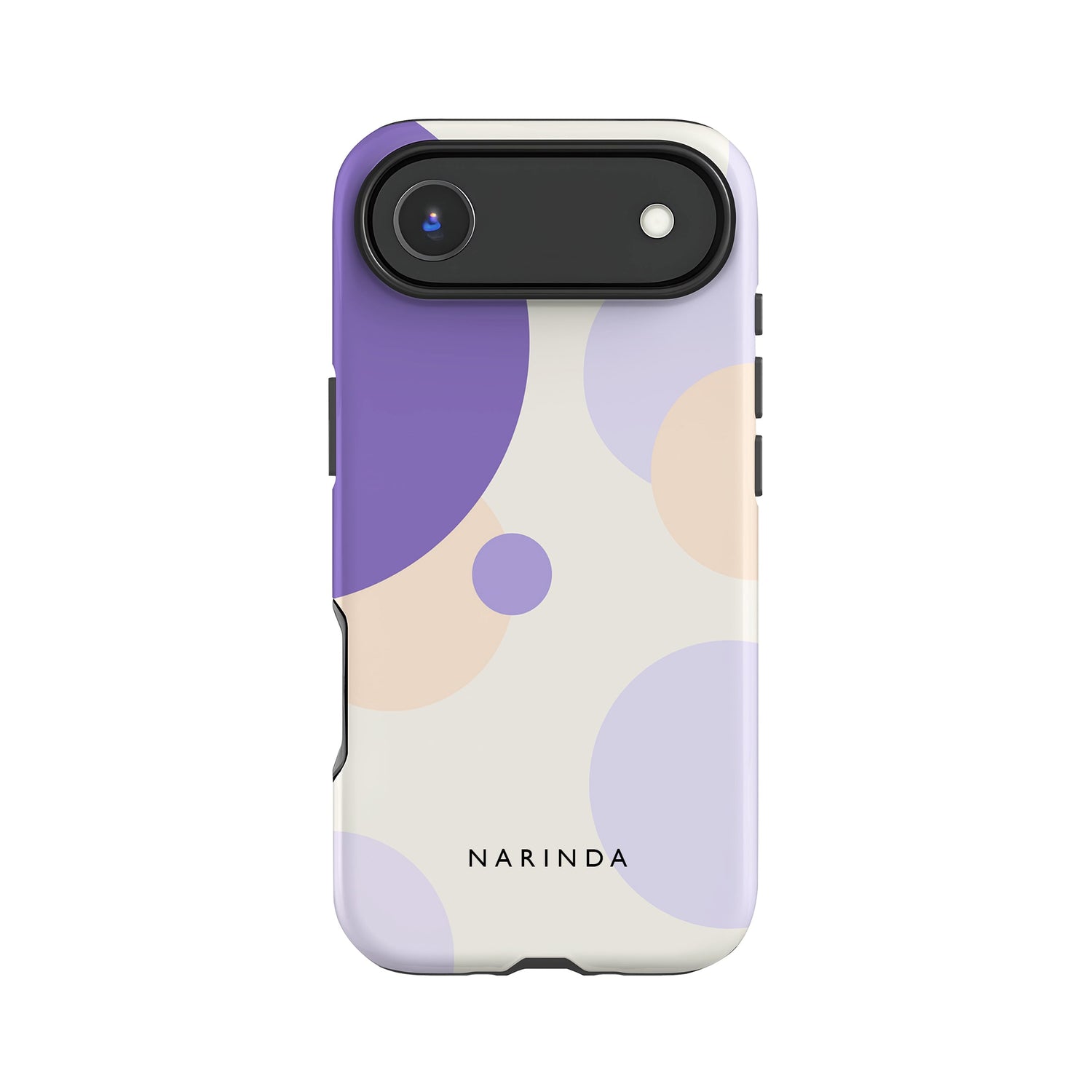 a phone case with a purple and white color scheme, and it has a camera lens attached to the top.