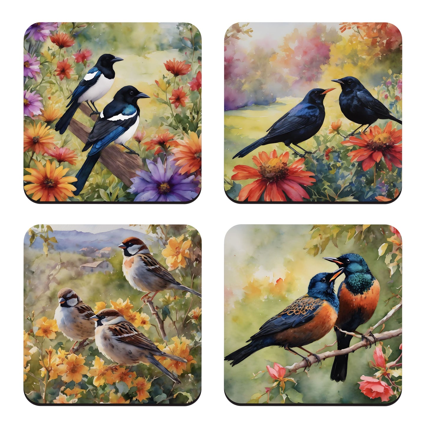 Watercolour British Bird Art 4 x Coaster Set 4 x Bird Art Assortment Coaster