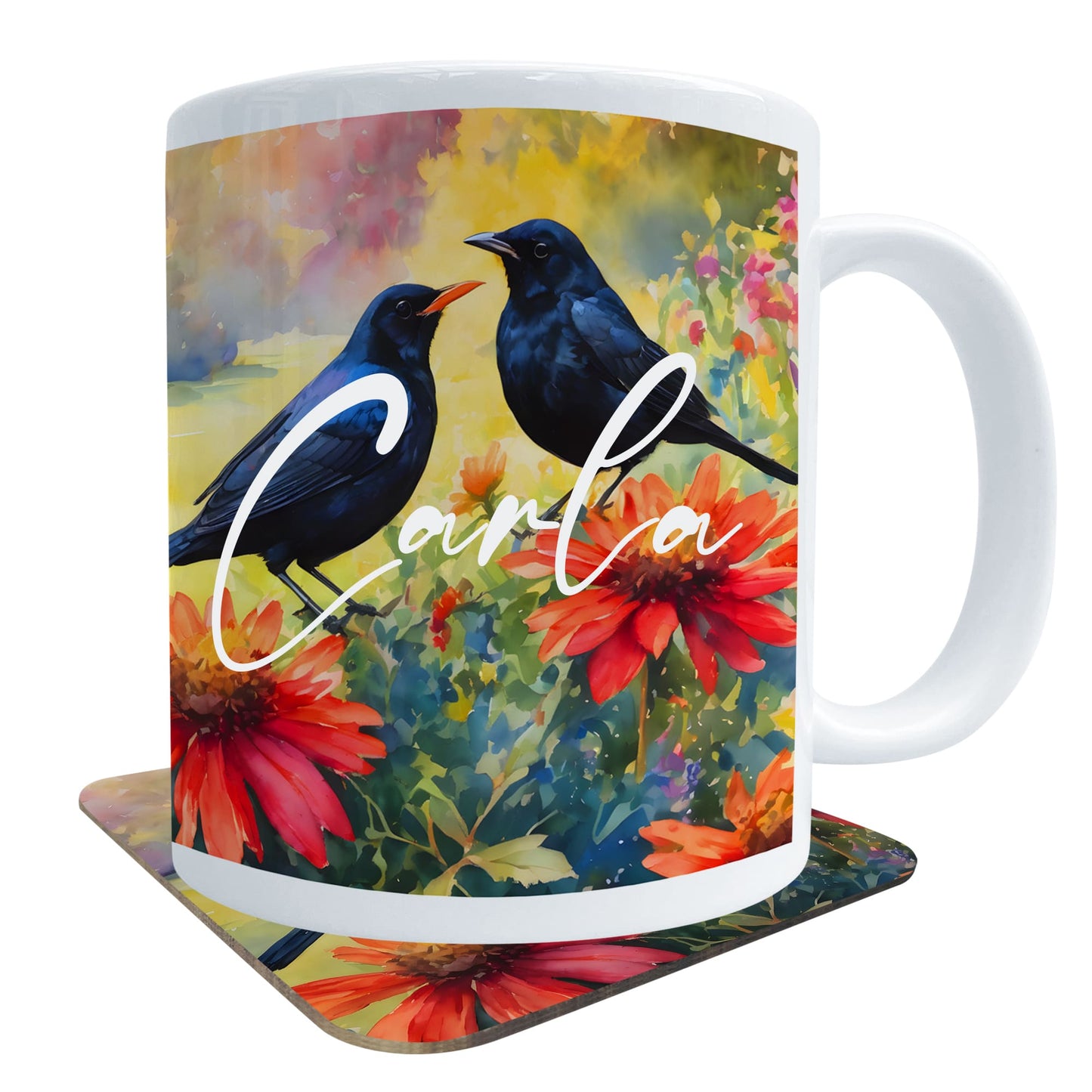 Personalised Blackbird Art Mug and Coaster Gift Set  Mug